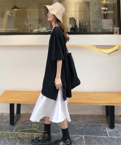 ミディアム | 夏ワンピース 切り替え ロング丈 黒白 フェイク フレア Aライン 五分袖 レイヤード風 重ね着風 Vネック 可愛い ミモレ丈 大人 20代30代40代 ゆったり