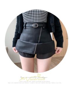 スカート | レザーボトムス ミニAライン 秋冬 レディース 革通勤 着痩せ フェイクレザー インナーパンツ付き ベルト付き ジッパー