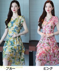 ミディアム | ワンピース レディース Vネック 半袖 花柄 おしゃれ Aライン ミディアムワンピース 着やせ エレガント 大きいサイズ 上品 膝丈 20代 30代 大人 40代