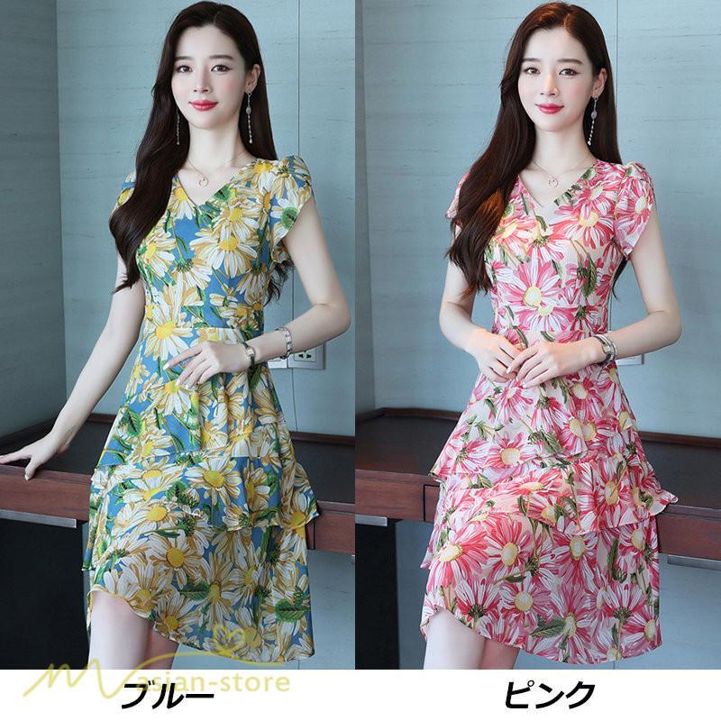 ミディアム | ワンピース レディース Vネック 半袖 花柄 おしゃれ Aライン ミディアムワンピース 着やせ エレガント 大きいサイズ 上品 膝丈 20代 30代 大人 40代