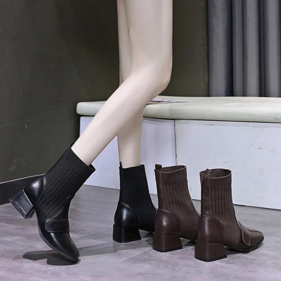 ショートブーツ | ソックス風ブーツ チャンキーヒール 痛くない 歩きやすい 美脚ブーツ ストレッチブーツ ハイカット レディース