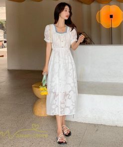 ミディアム | ワンピース レディース 着痩せ スクエアネック 上品 可愛い 半袖 ハイウエスト 透け感 Aラインワンピース 韓国風 20代 お出かけ 通勤通学 30代 きれいめ 40代