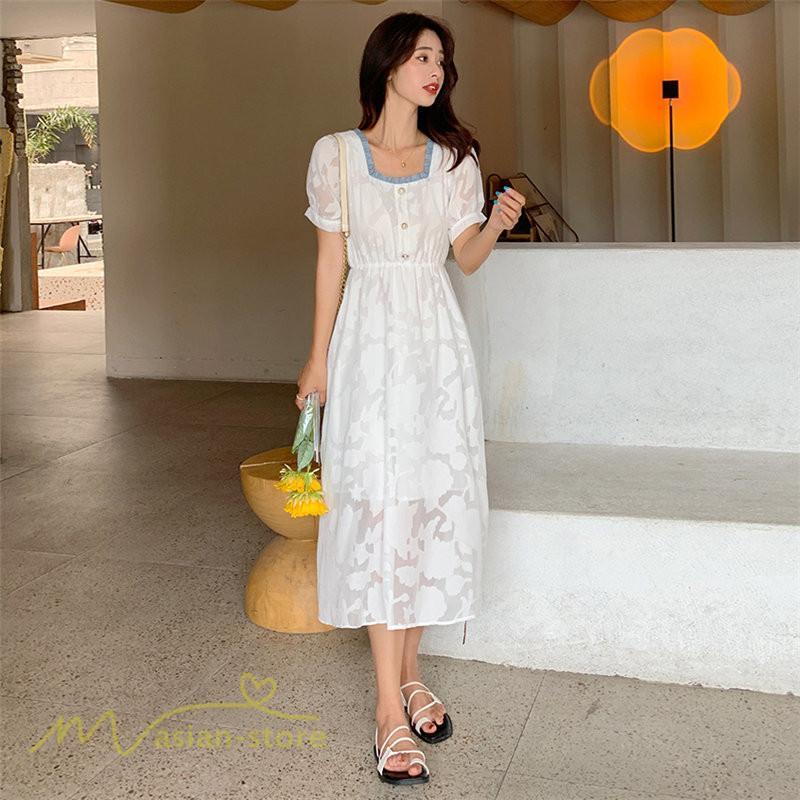 ミディアム | ワンピース レディース 着痩せ スクエアネック 上品 可愛い 半袖 ハイウエスト 透け感 Aラインワンピース 韓国風 20代 お出かけ 通勤通学 30代 きれいめ 40代