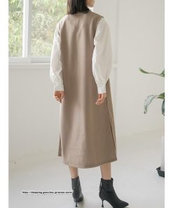 マキシ | ベストワンピース ラシャベスト ラシャワンピース ロング丈 ノースリーブ 袖なし レディース ロングベスト ワンピース 無地 大人 ラシャ スリット ポケット