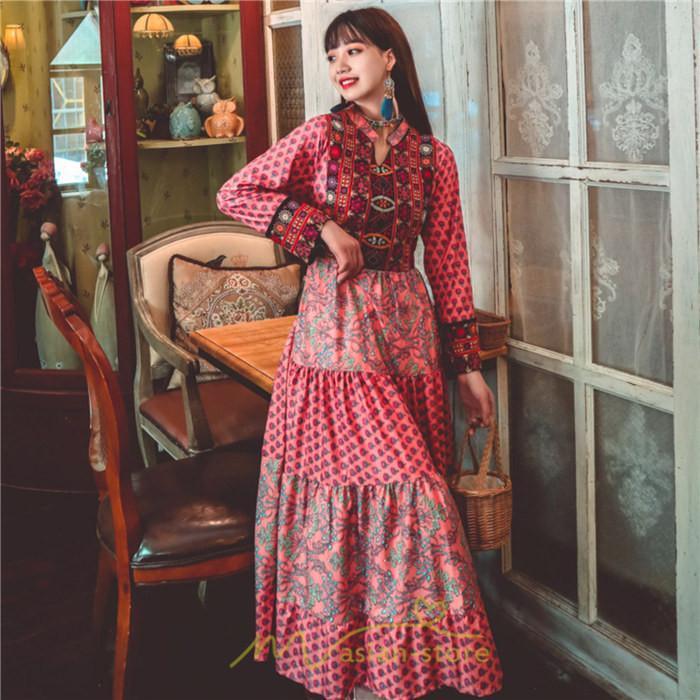 マキシ | ワンピース ロング 着やせ効果抜群 夏秋 長袖 他と被らない 刺繍 上品 きれいめ ロングワンピース マキシワンピ 舞台 演出 パーティー ダンス