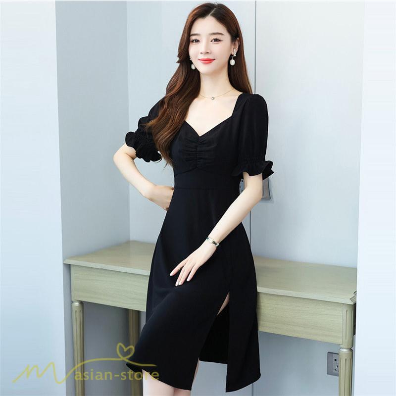 ミディアム | ワンピース レディース 着痩せ 半袖 Vネック カジュアル Aライン おしゃれ ミディアムワンピース エレガント 大きいサイズ 黒 夏 サマーワンピース 夏服 新作