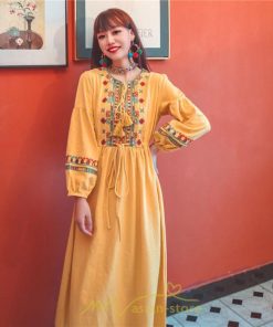 マキシ | ワンピース 長袖 ハイウエスト 綿麻 コットン リネン ロング ロング丈 Aライン ワンピ レディース 着痩せ 体型カバー 丸首 白 黄色 赤 通勤 Vネック 刺繍