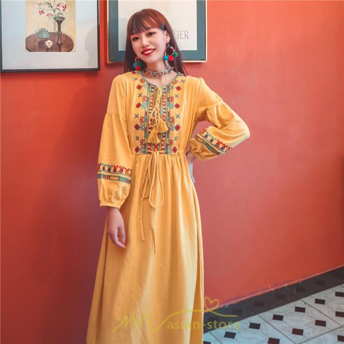 マキシ | ワンピース 長袖 ハイウエスト 綿麻 コットン リネン ロング ロング丈 Aライン ワンピ レディース 着痩せ 体型カバー 丸首 白 黄色 赤 通勤 Vネック 刺繍