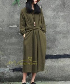 マキシ | 綿麻 リネン ワンピース ロング 長袖 無地 レディース ロング丈 体型カバー ゆったり 秋服 ファッション 着痩せ お出かけ カジュアル 20代30代40代 通勤通学