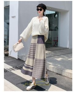 スカート | ロング 秋冬 黒 グレー カーキ プリーツレディース Aライン ニット ウエストゴム あったか おしゃれ 着痩せ 人気 小柄 新着 高見え
