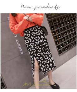 スカート | ロング 秋 冬 Aライン ロング丈 ハイウエスト ヒョウ柄 かっこいい セクシー  スリット ニット 韓国風 高見え デート おでかけ 2022新作 女子会 細見え