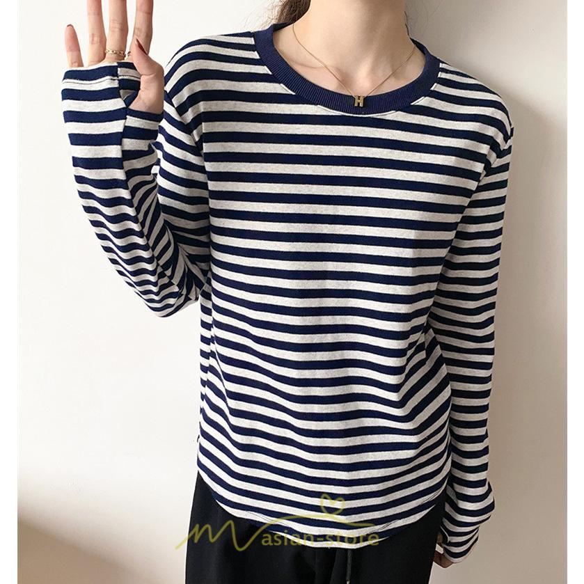 tシャツ・カットソー | 春物 レディース Tシャツ カットソー 長袖 トップス 綿 ボーダー シンプル プルオーバー リブ 柔らか 美ライン スリム ストレッチ 丸ネック 微伸縮 20代30代