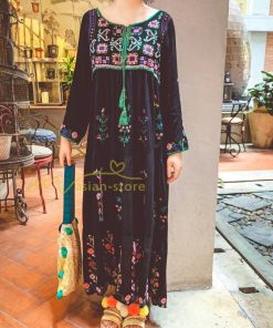 マキシ | ワンピース リゾートワンピ レディース ボヘミア風　休暇 長袖 無地 マキシ丈 復古風 上品 体型カバー  ブラック　パプール 花柄 Vネック 刺繍 ホワイト