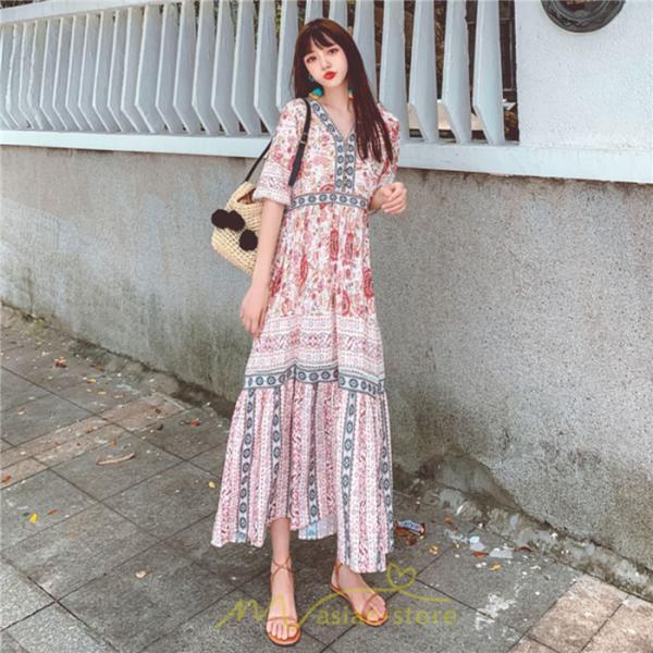 マキシ | ワンピース ロングワンピース エスニックワンピース コットン リゾートワンピース ワンピ 半袖 大人 夏 ゆったり リゾート お出かけ 普段使い きれいめ
