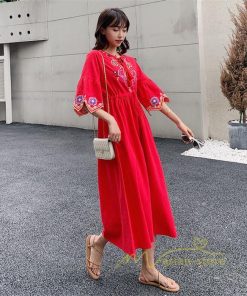 マキシ | ワンピース 半袖 夏物 レディース 秋服 綿麻 刺繍 フレアスリーブ ロングワンピース ミモレ丈 五分袖 ウエストゴム 大人 30代40代 Aラインワンピ リボン付き