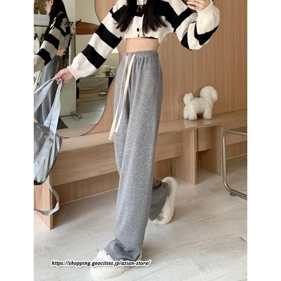 ワイドパンツ | ニットパンツ レディース 綿パンツ リブニット 秋冬 裏起毛 暖かい ロングパンツ ウエストゴム 春 パンツ シンプル 無地 ボトムス 部屋着 ズボン