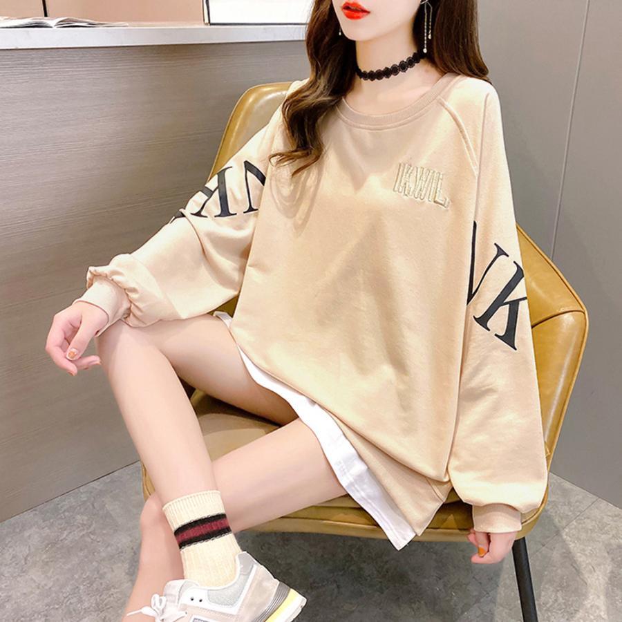 パーカ | カジュアル体型カバー レディース 韓国風 トップス ゆったり パーカートレーナー 長袖 スウェット チュニックロンT レイヤード風