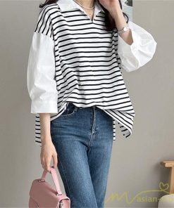 シャツ・ブラウス | ブラウスシャツ レディース 七分袖 Tシャツ 切り替え ボーダー フェイク 重ね着風 レイヤード トップス オフィスカジュアル 大人 20代 50代 通勤 30代