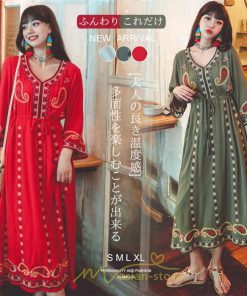 マキシ | 七分袖ワンピース Vネック ロング丈ワンピース エスニック ボヘミアン レディース 夏秋 綿麻 きれいめ フォーマル キレイめ 上品 ゆったり 大人 体型カバー