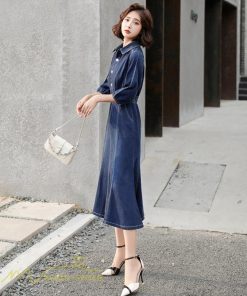 デニムワンピース | レディース デニム ワンピース マーメイド 長袖 秋 5分袖 カジュアル シャツワンピース カジュアル ロング丈 レトロ風 ポケット 着痩せ