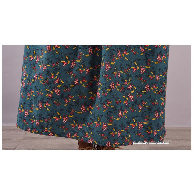 マキシ | 花柄ワンピース30代レディース秋物 リネンワンピース 綿麻風 シャツワンピース ロングワンピース ミモレ丈 長袖ワンピース リボン付き 秋ワンピース 大人