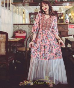 マキシ | 夏秋ワンピース チュール レディース マキシワンピース ロングワンピース パーティー 二次会 痩せて見える 七分袖 Vネック ピンク ハイウエスト 鎖骨 黒