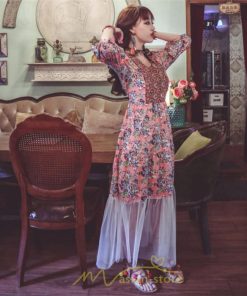 マキシ | 夏秋ワンピース チュール レディース マキシワンピース ロングワンピース パーティー 二次会 痩せて見える 七分袖 Vネック ピンク ハイウエスト 鎖骨 黒