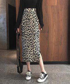 タイトスカート | カジュアル ペンシルスカート レオパード柄 ニットスカート おしゃれ ハイウエスト ヒョウ柄 スリット レディース