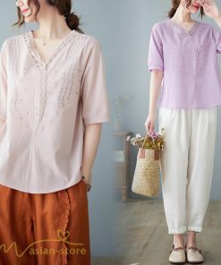 ｔシャツ・カットソー | Tシャツ ブラウス レディース Vネック カジュアル エレガント 半袖 30代 40代 カットソー 夏新作 おしゃれ 大きいサイズ 体型カバー コットン 麻混 ゆったり