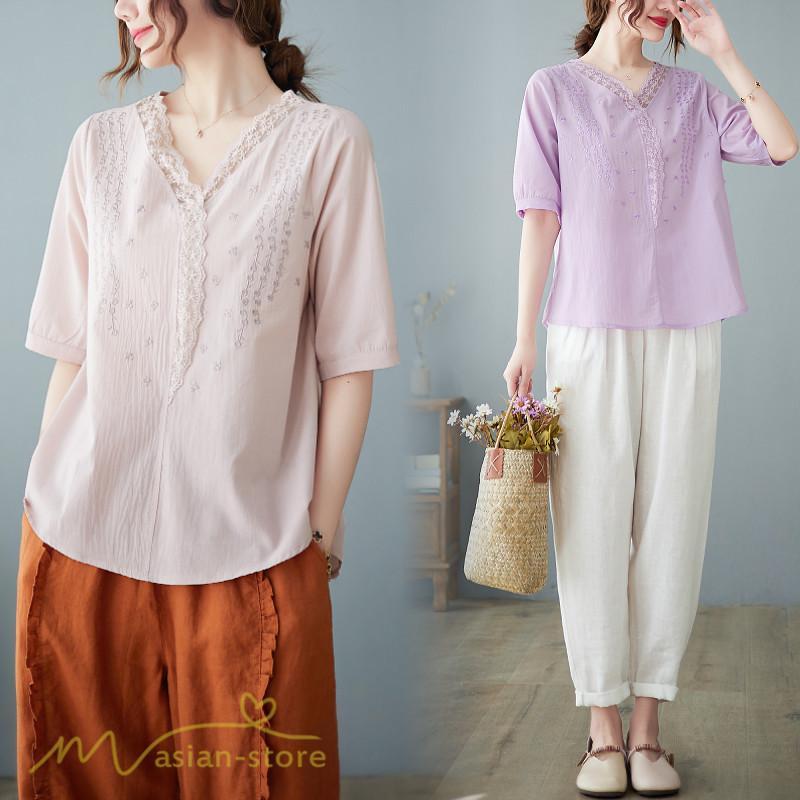 tシャツ・カットソー | Tシャツ ブラウス レディース Vネック カジュアル エレガント 半袖 30代 40代 カットソー 夏新作 おしゃれ 大きいサイズ 体型カバー コットン 麻混 ゆったり