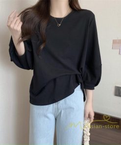 tシャツ・カットソー | 7分袖Tシャツ レディース Tシャツ 夏服 秋物 夏秋物 トップス 夏秋服 パフスリーブ ゆったり 無地 丸首 秋コーデ 春夏秋 可愛い 20代30代 40代50代 夏コーデ