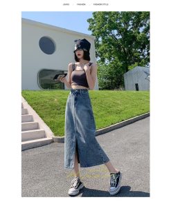 スカート | フロントスリット入れデニム秋物 レディース ロング丈 ハイウエスト タイトAライン美ライン 通学通勤 フェミニン 大人 おしゃれ
