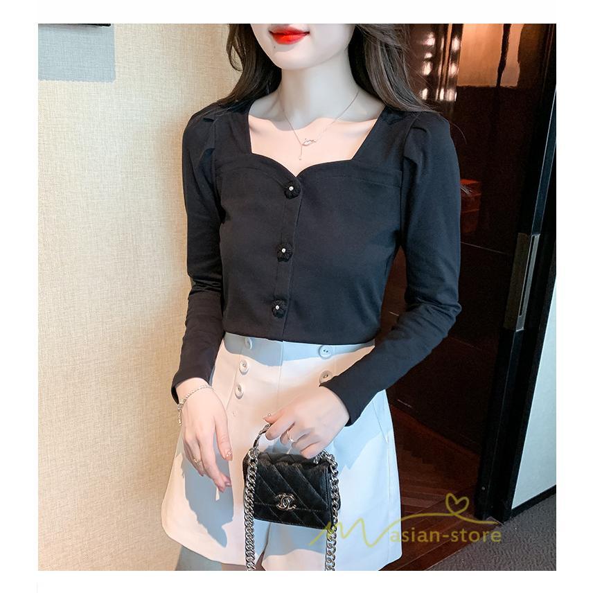 tシャツ・カットソー | ショート丈Tシャツ レディース 長袖Tシャツ カットソー タイト スリム 無地 トップス 綿 秋物 可愛い 小さい 通学通勤 20代30代 インナー 綿Tシャツ