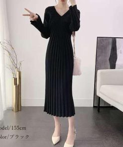 ワンピース | ニット秋冬 レディース ミモレワンピ きれいめ 膝丈下 Vネック フェミニン 長袖リブニット