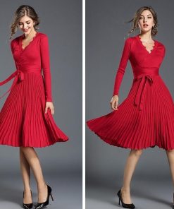 ミディアム | ワンピース レディース ひざ丈ワンピ フレアワンピース Ｖネック 長袖 体型カバー ワンピース 通勤 二次会 カジュアル パーティー 上品 リボン付き