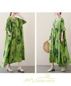 マキシ | ワンピース レディース 大きいサイズ 半袖 ロング丈 マキシ丈 クルーネック コットン 花柄 緑 夏 体型カバー 広がる裾 着痩せ 美シルエット ゆったり ポケット