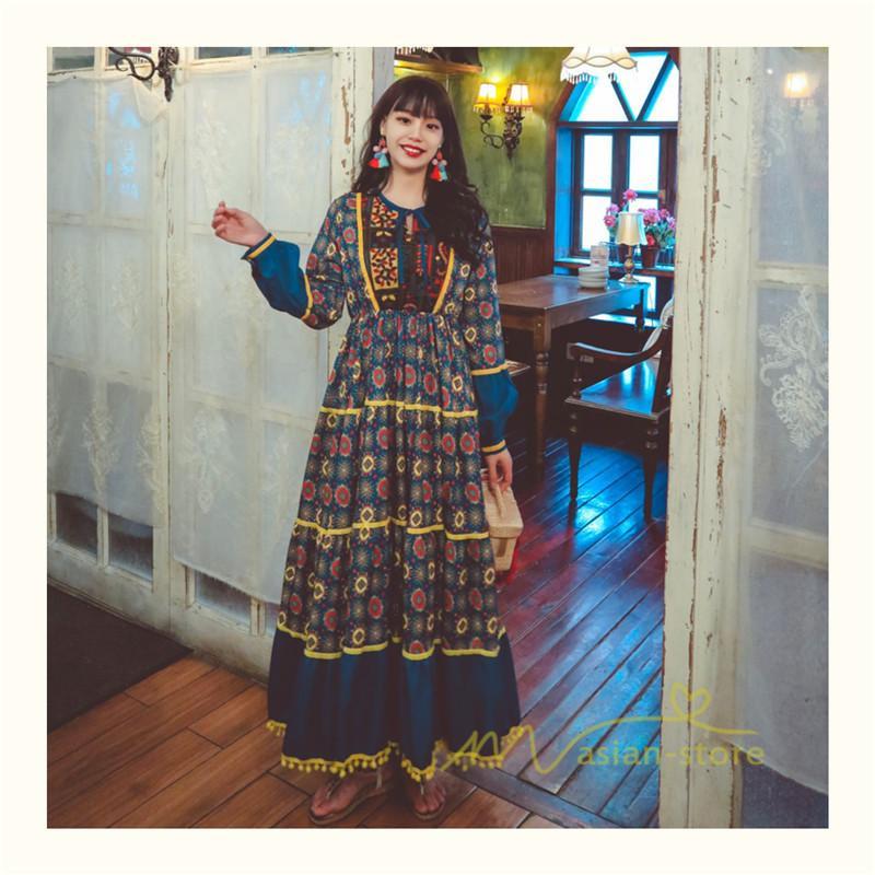 マキシ | ワンピース レディース 春夏 マキシワンピース 長袖ワンピース 綿麻 無地 Aライン フレアワンピース ハイウェスト エスニック ボヘミア風 ロング リゾート