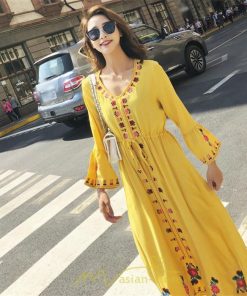 マキシ | ロングワンピース ロング丈 刺繍 ワンピ 民族風 エスニック風 長袖 ゆったり 体型カバー シンプル ナチュラル 花柄 旅行 着痩せ 綿麻 お出かけ　 リゾート