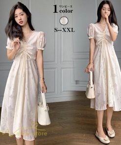 ミディアム | ワンピース レディース 着痩せ 上品 半袖 Aラインワンピース シフォン カジュアル 膝丈 きれいめ おしゃれ Vネック 上品 40代 30代 20代 サマーワンピース