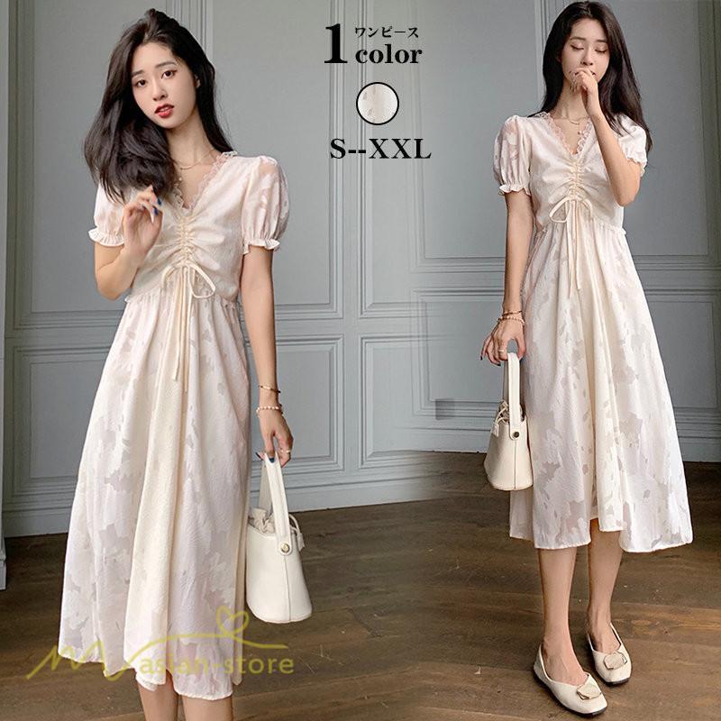 ミディアム | ワンピース レディース 着痩せ 上品 半袖 Aラインワンピース シフォン カジュアル 膝丈 きれいめ おしゃれ Vネック 上品 40代 30代 20代 サマーワンピース