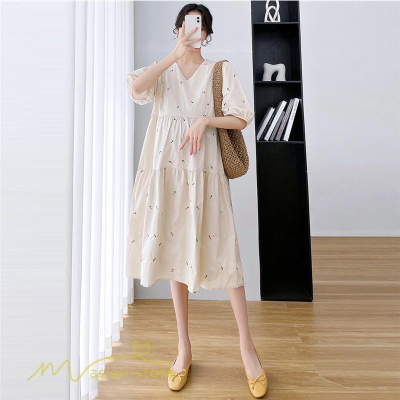 ワンピース | マタニティレディース 着痩せ 半袖 サマーマタニティウェア 上品 Aライン ゆる大きいサイズ お出かけ 韓国風 Vネック 妊婦服