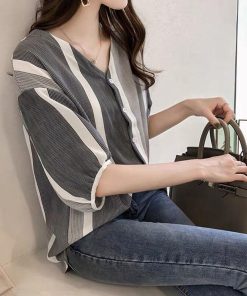 シャツ・ブラウス | ブラウス レディース 五分袖 薄手 ストライプシャツ トップス 羽織り 前開き 可愛い Vネック 40代 ブラウスシャツ 夏服 大人 20代30代