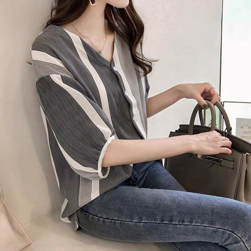 シャツ・ブラウス | ブラウス レディース 五分袖 薄手 ストライプシャツ トップス 羽織り 前開き 可愛い Vネック 40代 ブラウスシャツ 夏服 大人 20代30代
