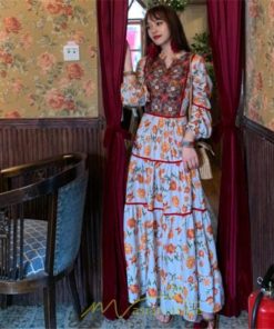 マキシ | ワンピース 七分袖 レディース 夏服  秋服 ロングワンピース マキシ丈 Vネック 民族風 エスニック風 体型カバー カジュアル お洒落 レトロ ハイウエスト