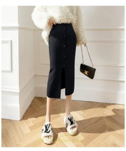 スカート | レディース ロング丈 ミモレ丈 ニット 秋冬 韓国風 スリット ハイウエスト Aライン 着痩せ 小柄 大人可愛い 20代30代40代50代 フェミニン 脚長効果