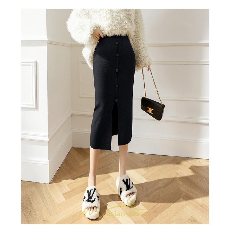スカート | レディース ロング丈 ミモレ丈 ニット 秋冬 韓国風 スリット ハイウエスト Aライン 着痩せ 小柄 大人可愛い 20代30代40代50代 フェミニン 脚長効果