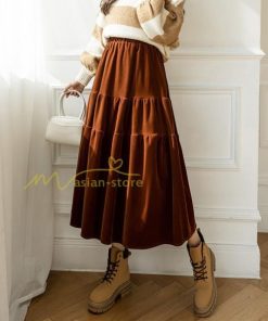 スカート | ロングティアードAラインミモレ丈 フレアビロードウエストゴム ハイウエスト 秋冬 無地 ゆったり