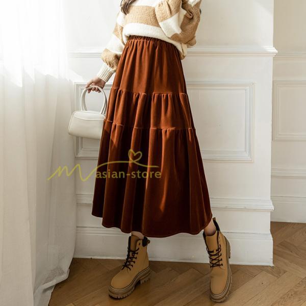スカート | ロングティアードAラインミモレ丈 フレアビロードウエストゴム ハイウエスト 秋冬 無地 ゆったり