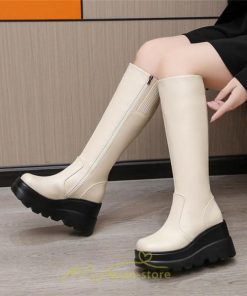 ロングブーツ | レディース ブーツ 厚底 歩きやすい 痛くない 定番 カジュアル 人気ブーツ ファスナー 黒 ブラック シンプル 美脚 おしゃれ 白 オフホワイト