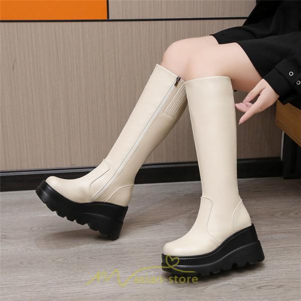 ロングブーツ | レディース ブーツ 厚底 歩きやすい 痛くない 定番 カジュアル 人気ブーツ ファスナー 黒 ブラック シンプル 美脚 おしゃれ 白 オフホワイト
